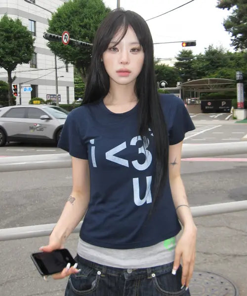 [MIMTHEWARDROBE] [MIM THE X HAENA] Luv-U Printed T-Shirt_Navy / [밈더 X 해나] Luv-U Printed T-Shirt_Navy