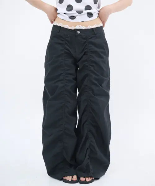 [ITZAVIBE] LACE LAYERED WIDE PANTS - BLACK
