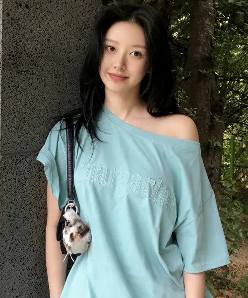 [STMG] Margarine One-Shoulder Applique Logo Short Sleeve mint / 마가린 원숄더 아플리케 로고 반팔 민트
