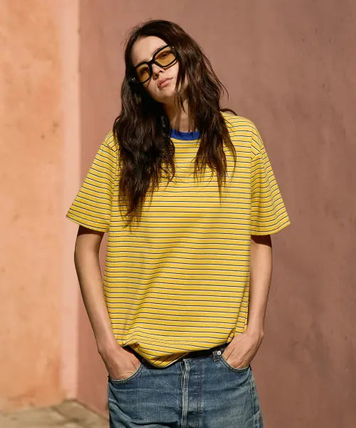 [FLUKE] Casual Stripe Short Sleeve T-Shirt Yellow FST344 / 캐주얼 스트라이프 반팔 티셔츠 옐로우 FST344