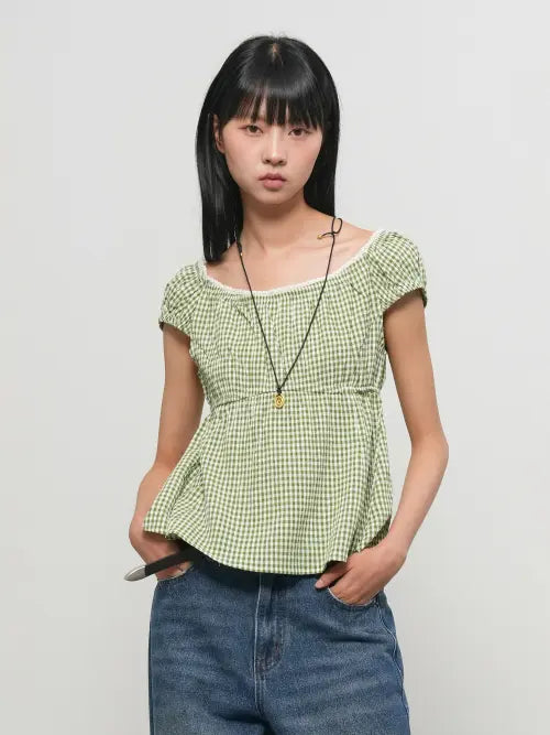 [GENERALIDEA] check lace cap sleeve blouse [GREEN] / GF2LBL526 / 체크 레이스 캡 슬리브 블라우스 [GREEN] / GF2LBL526
