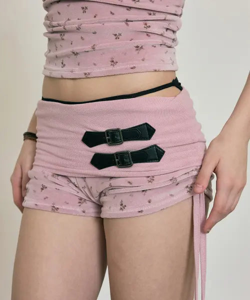 [NO EXTRA TOUCH] Velvet Shirred Belted Micro Shorts (Pink) / 26SMSP002PI