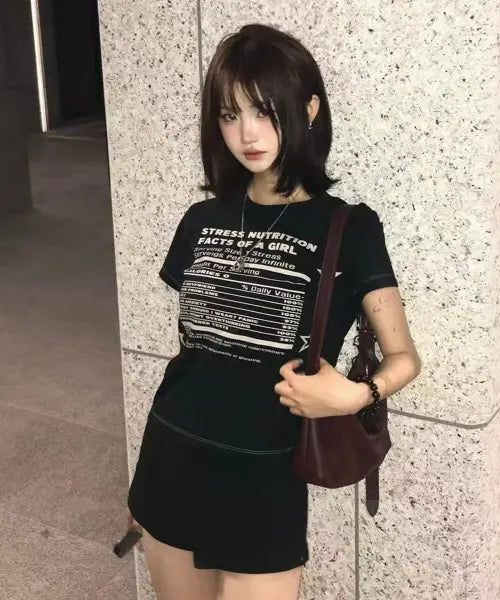 [HOODHOOD] Girl Stress Nutrition Layered Roll-Up Half Sleeve T-Shirt BLACK / Girl Stress Nutrition 레이어드 롤업 반팔티셔츠 블랙