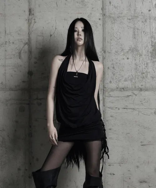[URBANUNIQUE LABEL] Cowl-neck side lace-up one-piece BLACK / 카울 넥 사이드 레이스업 원피스 블랙