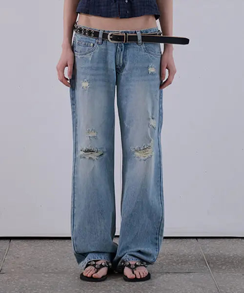 [ORDES] DISTRESSED STRAIGHT JEANS - BLUE / 디스트레스드 스트레이트 진 - 블루