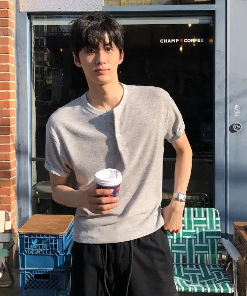 [THEY] Semi-Cropped Knit Short Sleeve T-Shirt (2 Styles) / [헨리넥, 라운드] 세미 크롭 니트 반팔 티셔츠 (2 STLYE)