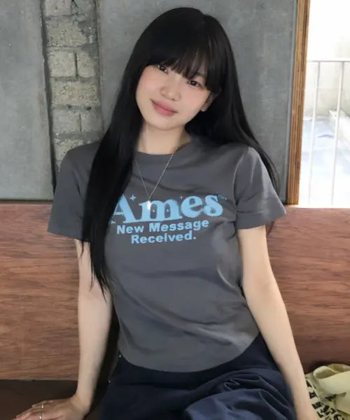 [AMES-WORLDWIDE] ROUND HEM CROP TEE LIGHT CHARCOAL