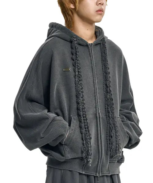 [AJOBYAJO] Laced Multi-Drawstring Zip-Up Hoodie [CHARCOAL]