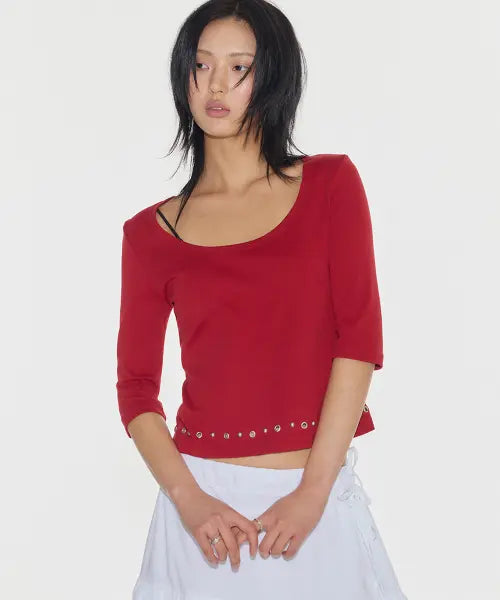 [PLACE STUDIO] Women's Soft Basic Boat Neck Stud Detail 3/4 Sleeve T-Shirt _4 Colors / 우먼즈 소프트 베이직 보트 유넥 스터드 포인트 7부 슬리브 티셔츠 _4COLOR