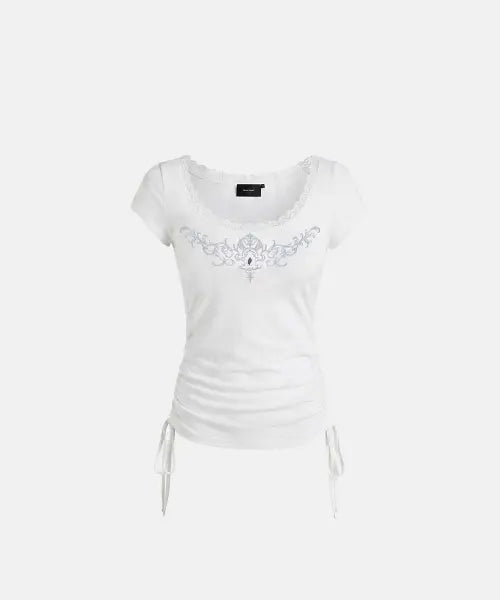 [BADBLOOD] Rhinestone Emblem Lace Deep Round 1/2 T-Shirt - White / 라인스톤 엠블럼 레이스 딥 라운드 1/2 티셔츠 - 화이트