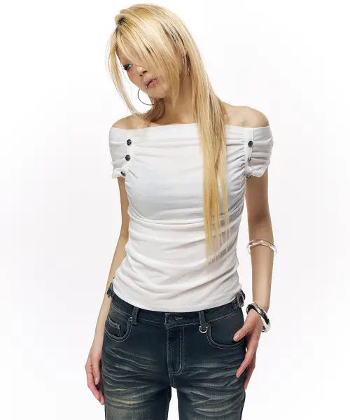[SCHISM INDUCING] OFFSHOULDER SHIRRING BUTTON T SHIRT WHITE