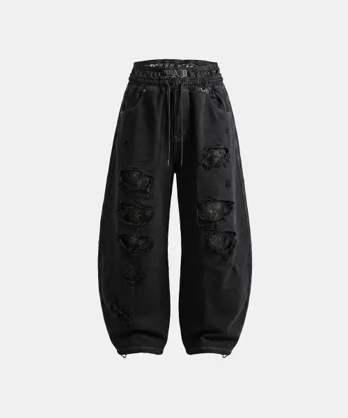 [BADBLOOD] Lace Layered Distressed Joggers - Black / 레이스 레이어드 디스트레스드 조거 - 블랙