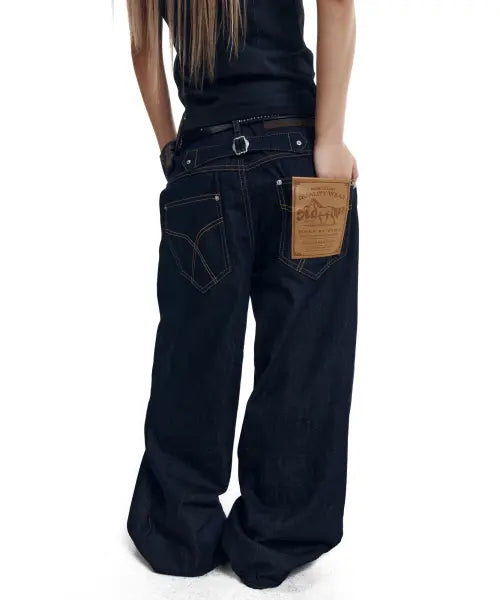 [AAKAM] Leather Label Denim Pants (Blue)