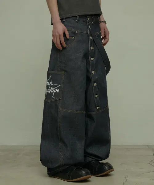 [LANARCHIVE] [0127] Diagonal Button Belt Raw Denim Carpenter Pants – Indigo / [0127] 사선 버튼 벨트 생지 카펜터 팬츠 - 인디고