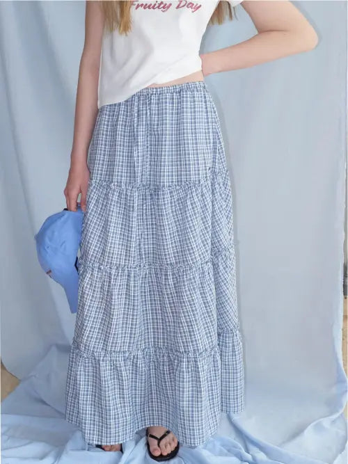 [ETMON] Check frill Tiered Skirt, Navy