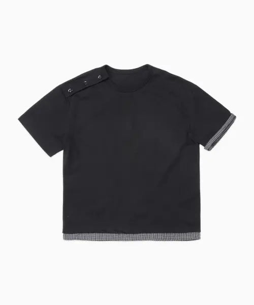 [DOFFJASON] Shoulder Button Check Layered T-shirt BLACK / 숄더 버튼 체크 레이어드 티셔츠 BLACK