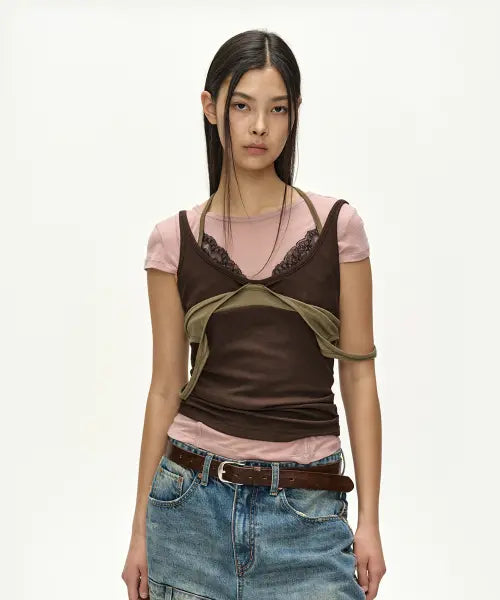 [ADSB ANDERSSON BELL] UPSIDE-DOWN LAYERED T-SHIRT atb1557w(PINK/BROWN)