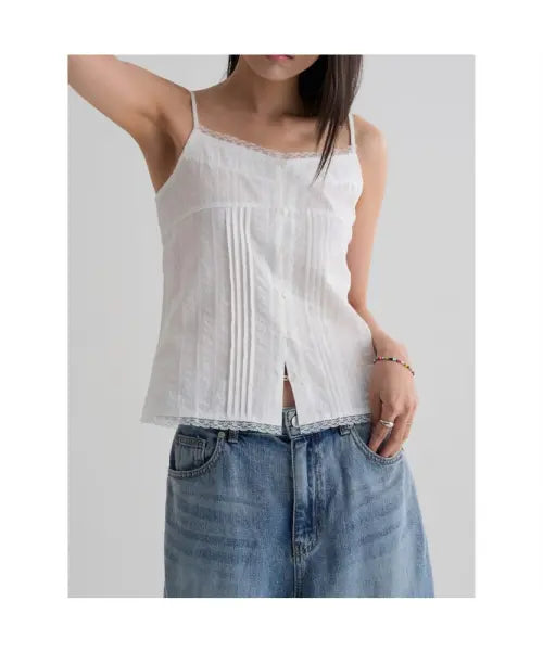 [8SECONDS] Lace Panel Sleeveless Top - White / 레이스 배색 슬리브리스탑  화이트