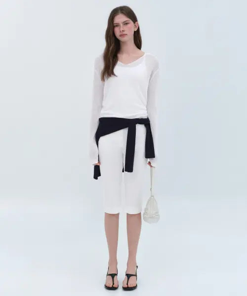 [MUSINSA STANDARD WOMAN] Women's Linen Blend Ribbed V-Neck Sheer Knit [White] / 우먼즈 린넨 블렌드 리브드 브이 넥 시어 니트 [화이트]