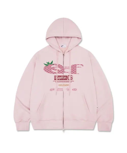[ESCAPEFROM] Strawberry Dot ESCF Logo Collage Print Two-Way Hoodie Pink / 스트로베리 도트 ESCF 로고 콜라주 프린트 투웨이 후드집업 핑크