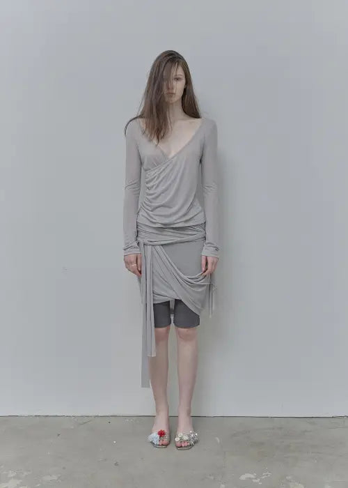 [PHILCE] See-Through Tied Shirring Midi skirt, Gray