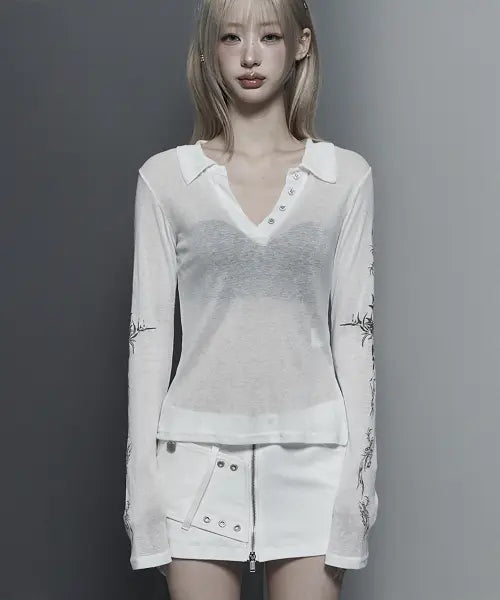 [ETRE AU SOMMET] Rib Collar tattoo Long Sleeve Top (White)