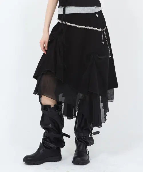 [SECONDSALT] SALT SHIRRING SKIRT (BLACK) / 솔트 셔링 레이어드 스커트 (블랙)