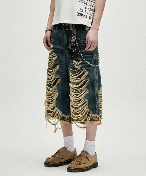 [NOT4NERD] Camo Layered Distressed Bermuda Denim Shorts - Deep Blue