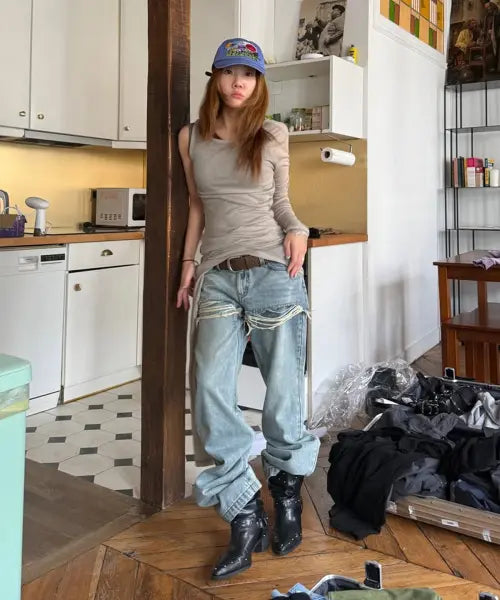 [DEINET] LAYERED SEMI BOOTSCUT DENIM PANTS IN LIGHT BLUE