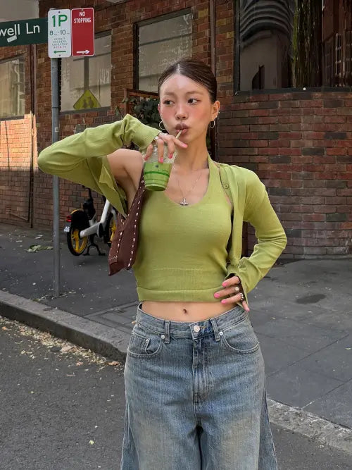 [PROJECT WAVE] Duo Halter Cardigan Knit Set [OLIVE]