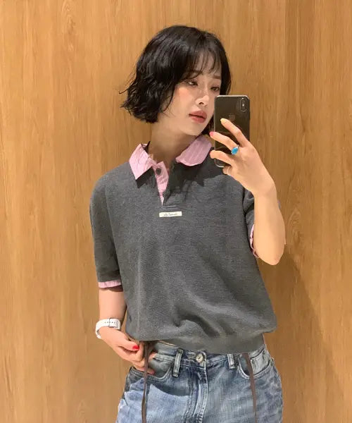 [GENERALIDEA] woman shirt collar pique half knit [charcoal] / 셔츠 카라 피케 하프 니트 [CHARCOAL] / GF2LKP531