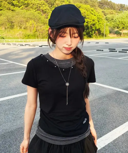 [OURSAYSOUR] V-Neck Layered Studded Slim Short Sleeve T-Shirt / V넥 레이어드 스터드 슬림 반팔티 스트라이프