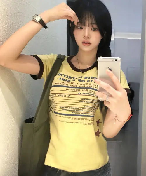 [HOODHOOD] Girl Stress Nutrition Ringer Half Sleeve T-Shirt LIGHT YELLOW / Girl Stress Nutrition 링거 반팔티셔츠 라이트옐로우