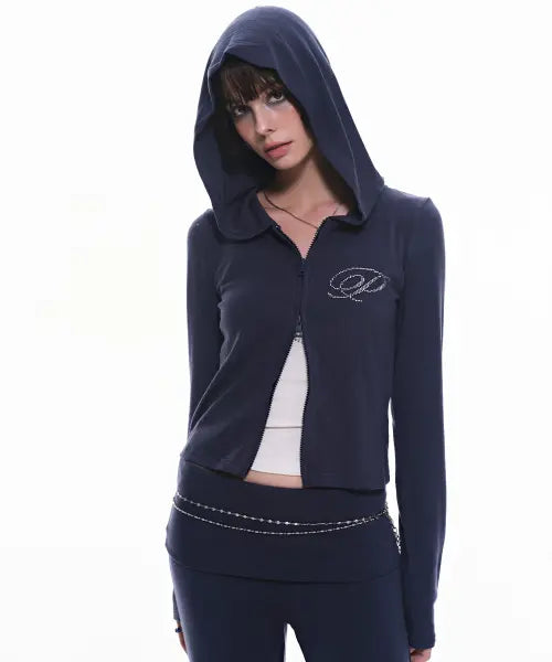 [PASION] Slim Crystal Glam Hoodie Zip-Up_Navy / 슬림 크리스탈 글램 후드집업_네이비 Slim Crystal Glam Hoodie Zip-Up_Navy