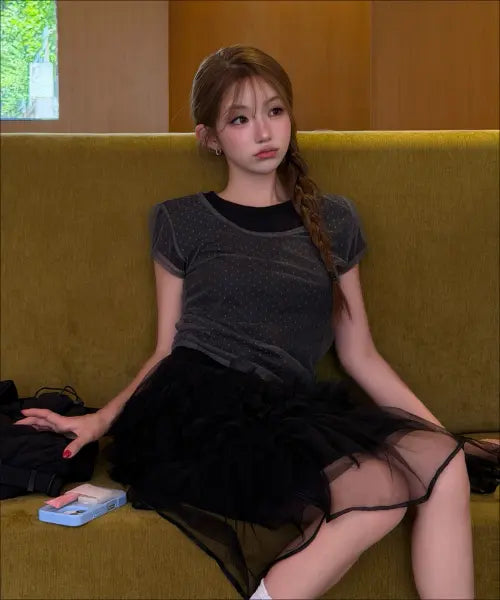 [MIXXO] Dot See-Through Layered T-shirt / 도트 시스루 레이어드 티셔츠_MIWLWG304A MIWHWG53QA