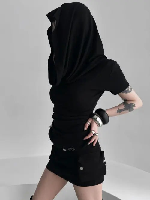 [EUCT] Draped cowl neck off shoulder hoodie top - BLACK / 드레이프 카울넥 오프숄더 후디 탑 - 블랙