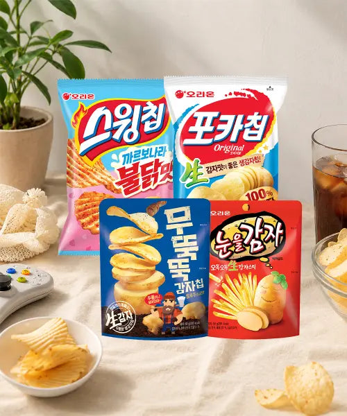 [ORION] Eyes Closed Potato Chips Variety Pack (5pcs Each) / 눈을감자 5개 + 스윙칩 까르보불닭 5개 + 포카칩 오리지널 5개 + 무뚝뚝감자칩 5개