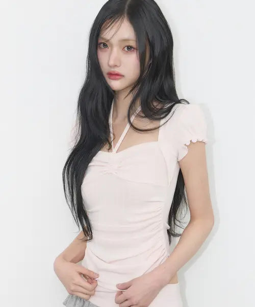 [ILLIGO] SHIRRING HALTER TOP PINK / 셔링 홀터 탑 핑크