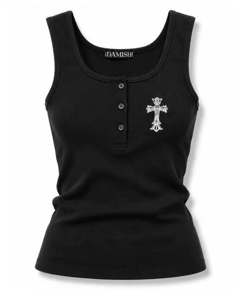 [DAMISH] Gothic Cross Embroidery Button Tank Top_Black / 고딕 크로스 자수 버튼 탱크탑_블랙