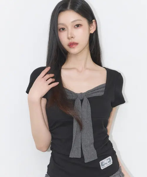 [ILLIGO] LAYERED RIBBON TIE T-SHIRT BLACK / 레이어드 리본 타이 티셔츠 블랙