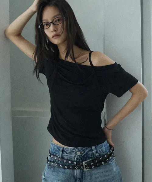 [RENSE] Cami Layered T-Shirt Black