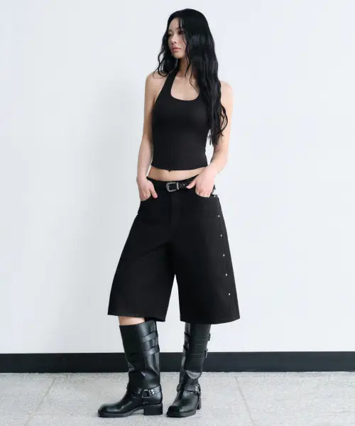 [MUSINSA STANDARD WOMAN] Women's Studded Denim Skater Shorts [Black] / 우먼즈 스터드 데님 스케이터 쇼츠 [블랙]