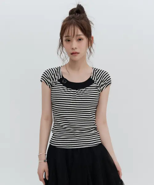 [HIGH SCHOOL DISCO] Button-neck stripe short sleeve / 버튼넥 스트라이프 숏슬리브