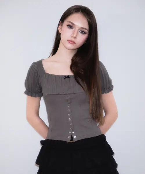 [ROSEFRANTZ] Puff Shirring Ribbon T-shirt [Charcoal]