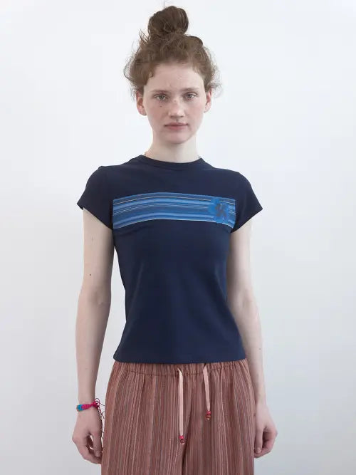 [ENZO BLUES] Striped Flower T-shirt (Navy) / 스트라이프 플라워 티셔츠 (Navy)