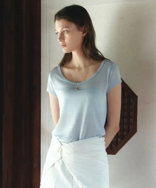 [SIYAZU] SITP5300 See-Through Cap-Sleeve Slim T-Shirt_Sky blue / SITP5300 시스루 캡소매 슬림 반팔 티_Sky blue
