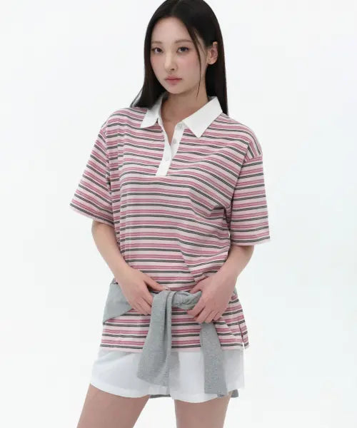 [MUSINSA STANDARD WOMAN] Women's Multi Stripe Short Sleeve Rugby Shirt [Pink] / 우먼즈 멀티 스트라이프 반소매 럭비 셔츠 [핑크]