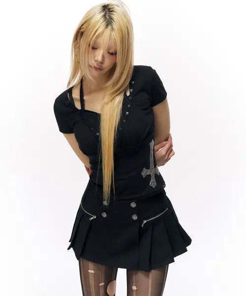 [SCHISM INDUCING] ACADEMY WRAP BUTTON SKIRT BLACK