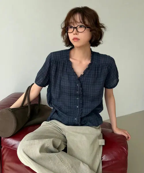 [TILL I DIE] Check frill V-neck blouse [TISU07BL07]_Navy