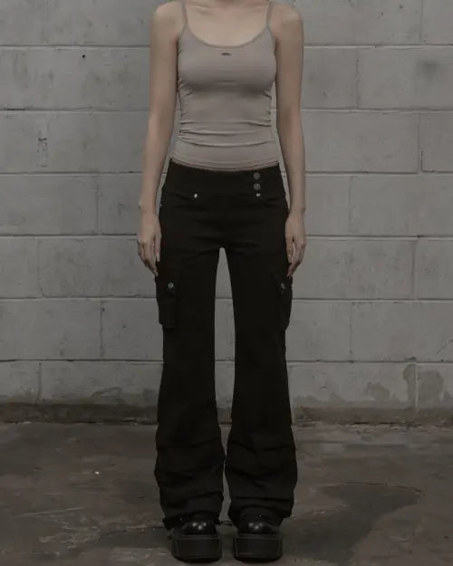 [KHAKIPOINT] Cargo Shirring Bootcut Pants (black)